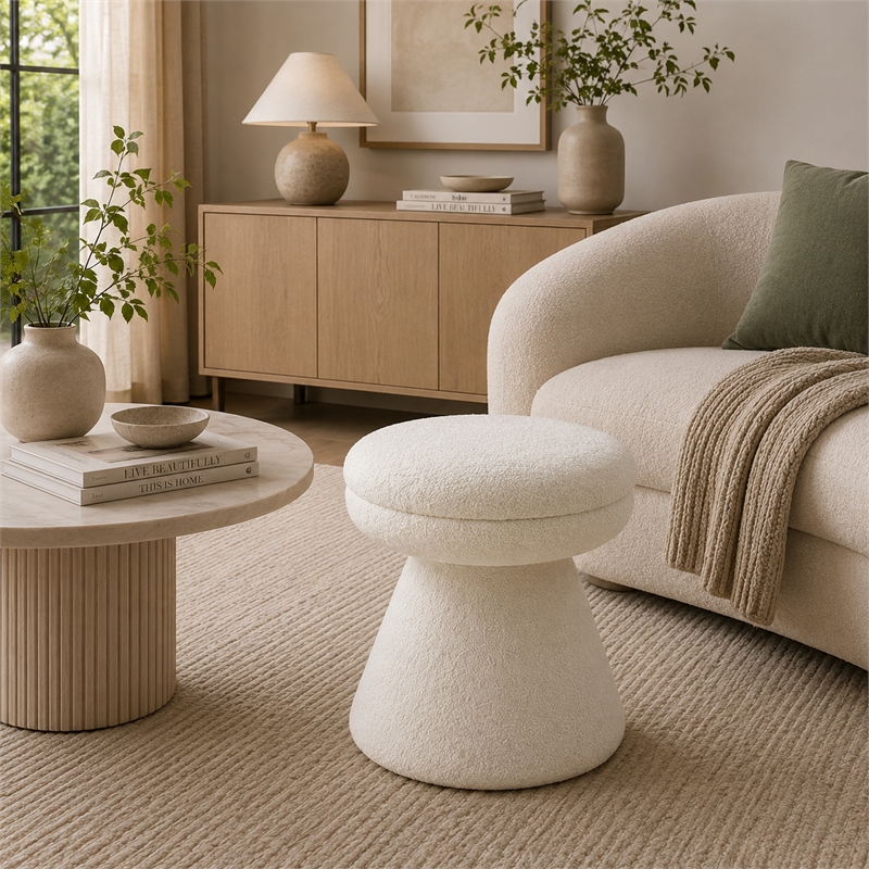 Xyna Mushroom-shaped Ottoman Stool with Pedestal Base- Beige Fabric