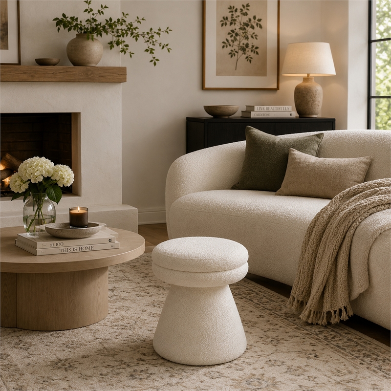 Xyna Mushroom-shaped Ottoman Stool with Pedestal Base- Beige Fabric