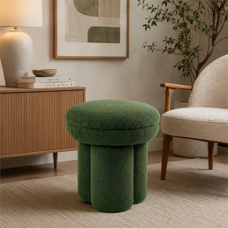 Ian Ottoman Stool- Mushroom-like Design- Pedestal Base- Green Fabric