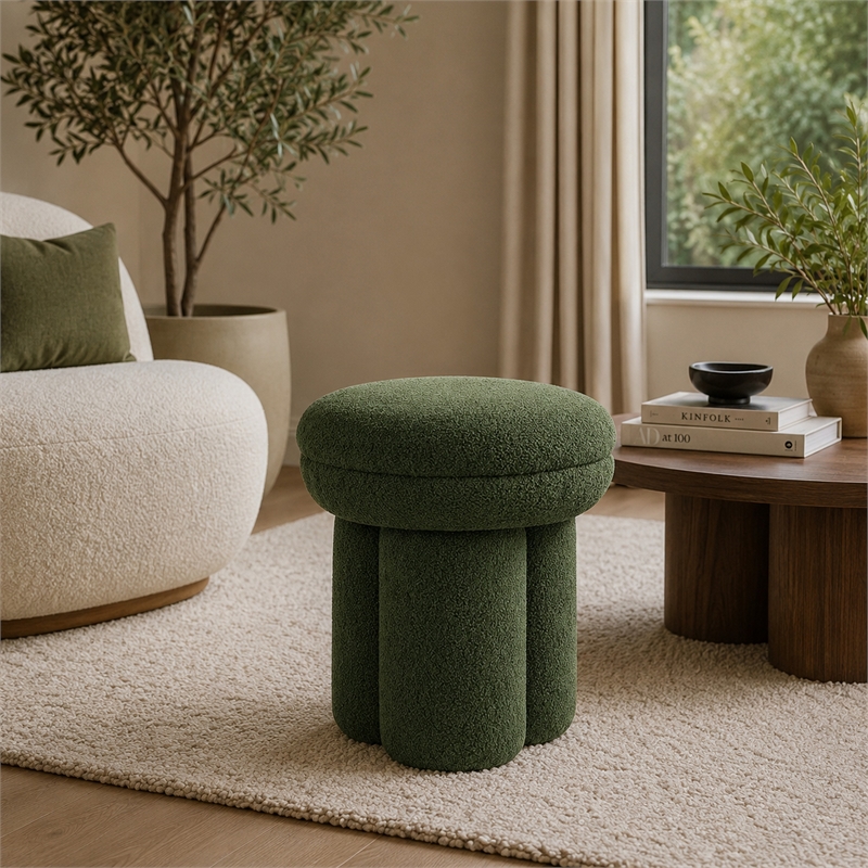 Ian Ottoman Stool- Mushroom-like Design- Pedestal Base- Green Fabric