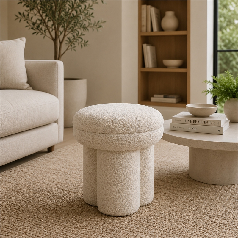Ian Ottoman Stool- Mushroom-like Design- Pedestal Base- Beige Fabric