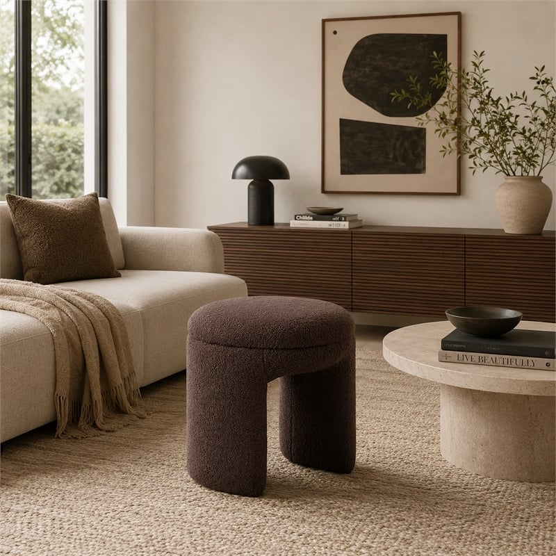 Janie Rounded Ottoman Stool with Open Frame Base- Brown Fabric