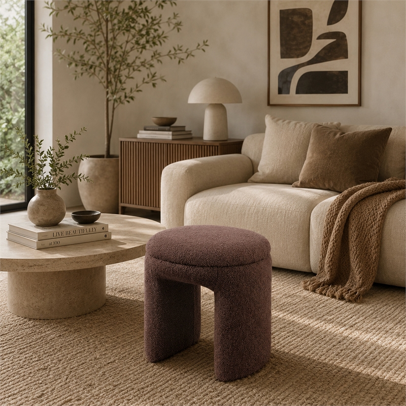Janie Rounded Ottoman Stool with Open Frame Base- Brown Fabric