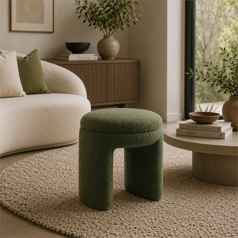 Janie Rounded Ottoman Stool with Open Frame Base- Green Fabric