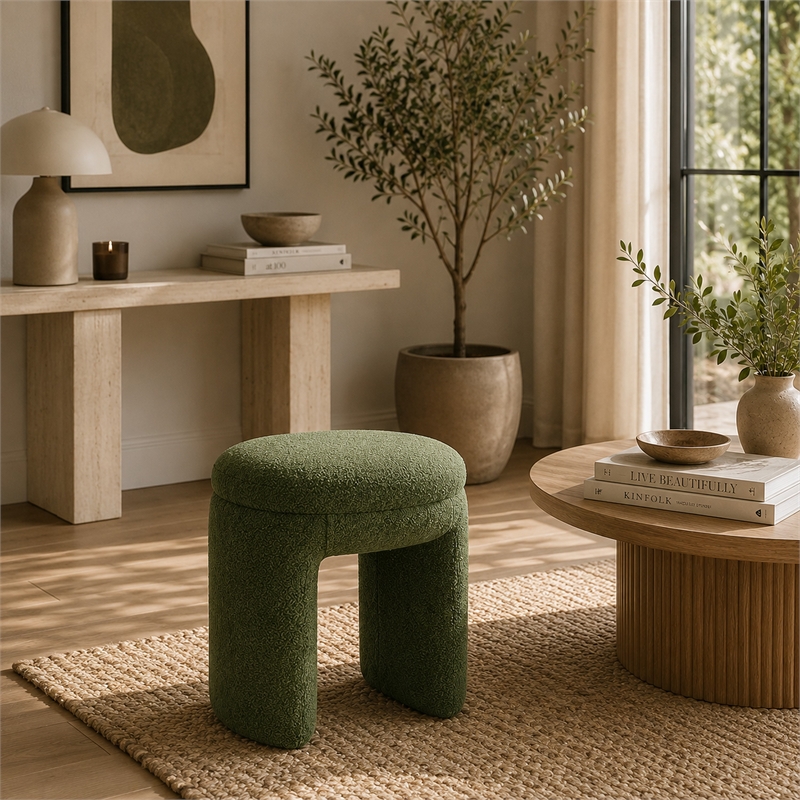 Janie Rounded Ottoman Stool with Open Frame Base- Green Fabric