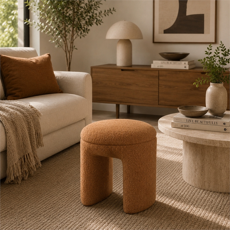 Janie Rounded Ottoman Stool with Open Frame Base- Saddle Brown Fabric