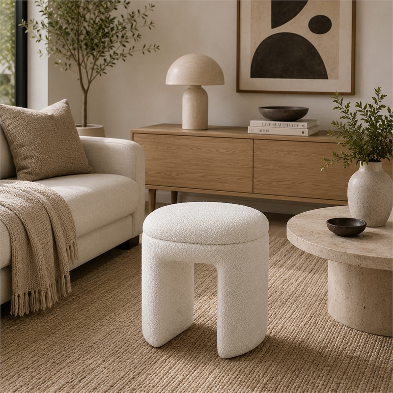 Janie Rounded Ottoman Stool with Open Frame Base- Beige Fabric