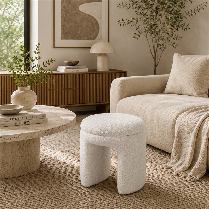 Janie Rounded Ottoman Stool with Open Frame Base- Beige Fabric