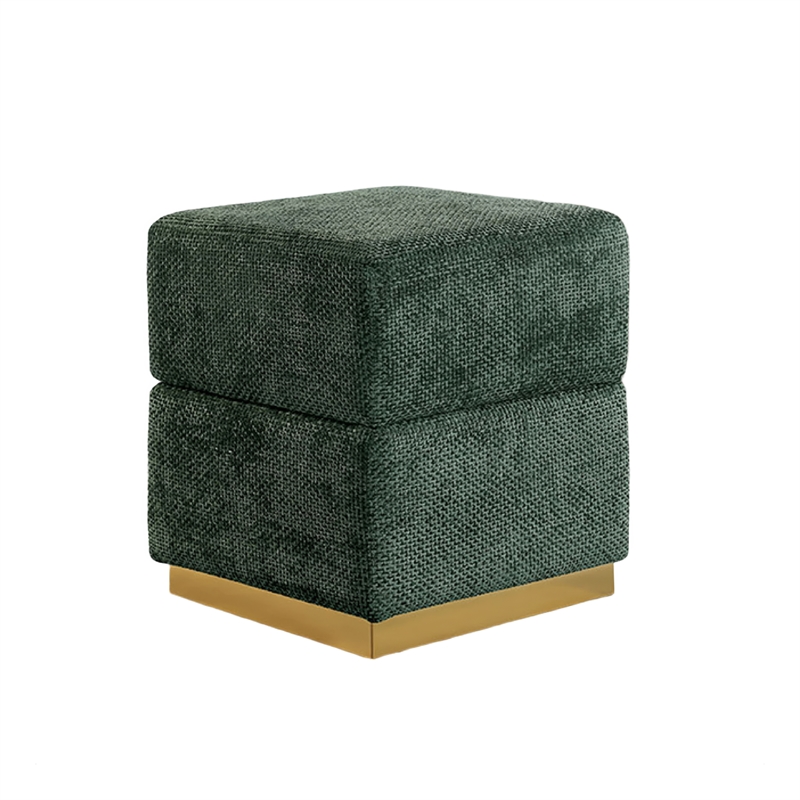 Kris Ottoman Stool with Hidden Storage- Gold Base- Green Chenille