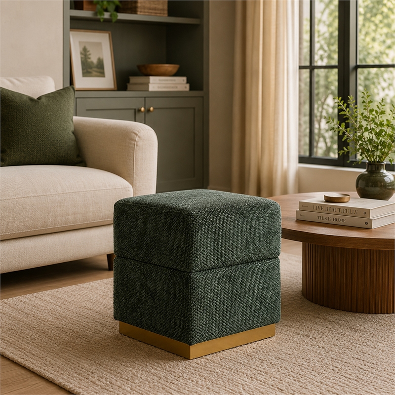 Kris Ottoman Stool with Hidden Storage- Gold Base- Green Chenille