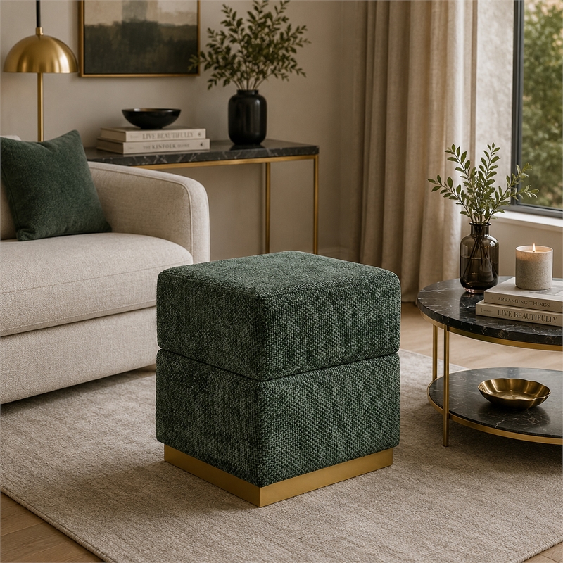 Kris Ottoman Stool with Hidden Storage- Gold Base- Green Chenille