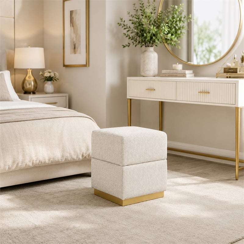 Kris Ottoman Stool with Hidden Storage- Gold Base- Beige Chenille