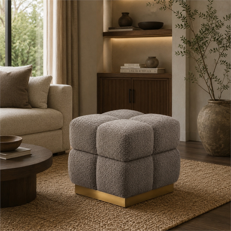 Anne Ottoman Stool with Storage- Gold Base- Gray Biscuit Tufted Fabric