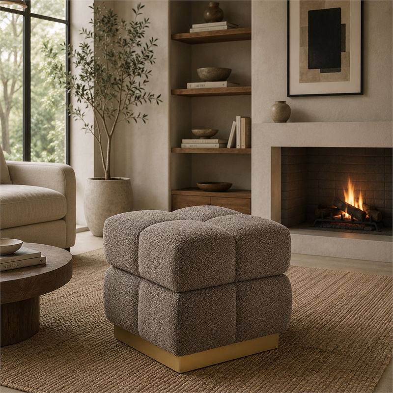 Anne Ottoman Stool with Storage- Gold Base- Gray Biscuit Tufted Fabric
