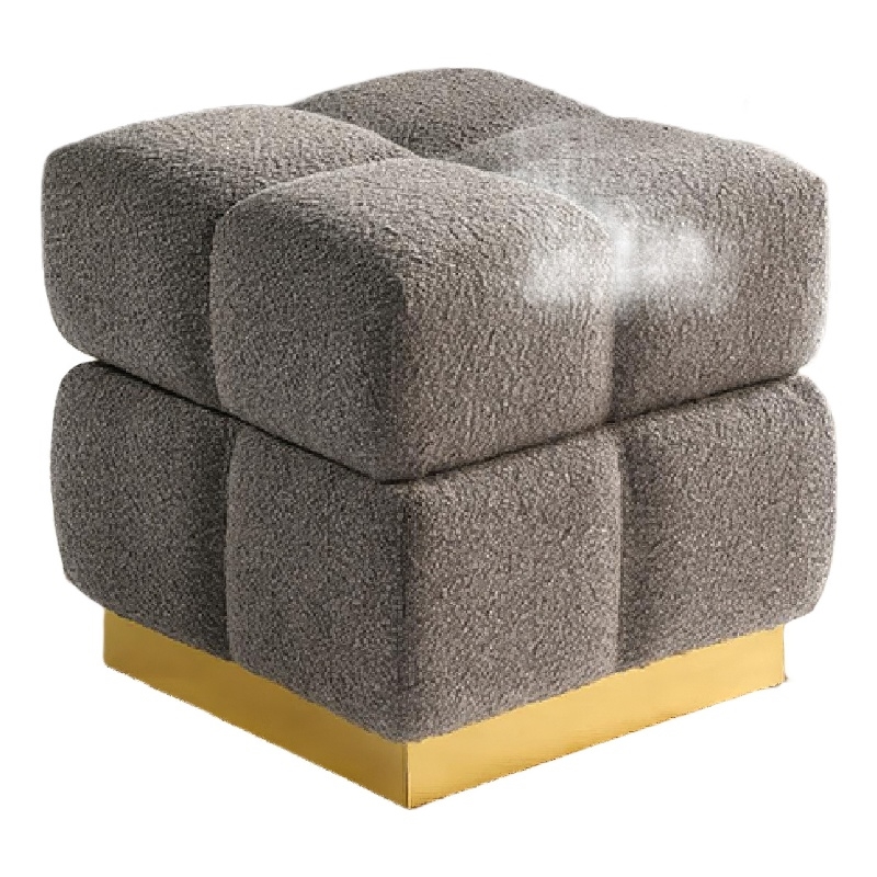 Anne Ottoman Stool with Storage- Gold Base- Gray Biscuit Tufted Fabric