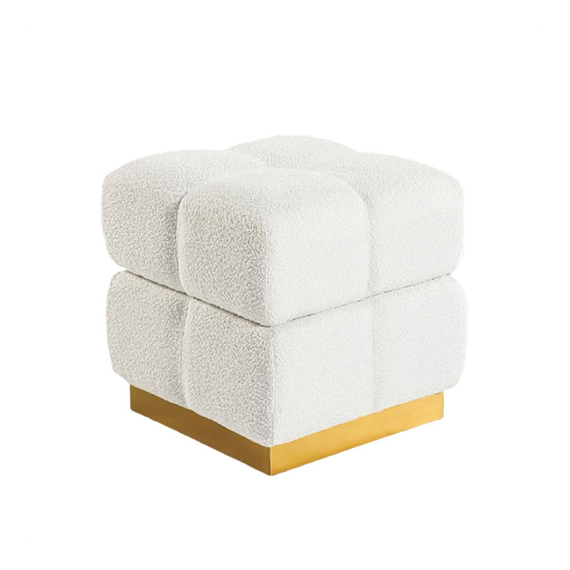 Anne Ottoman Stool with Storage- Gold Base- Beige Biscuit Tufted Fabric