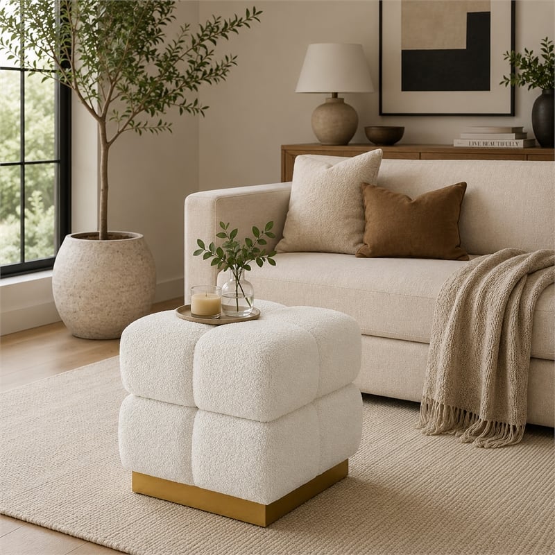 Anne Ottoman Stool with Storage- Gold Base- Beige Biscuit Tufted Fabric
