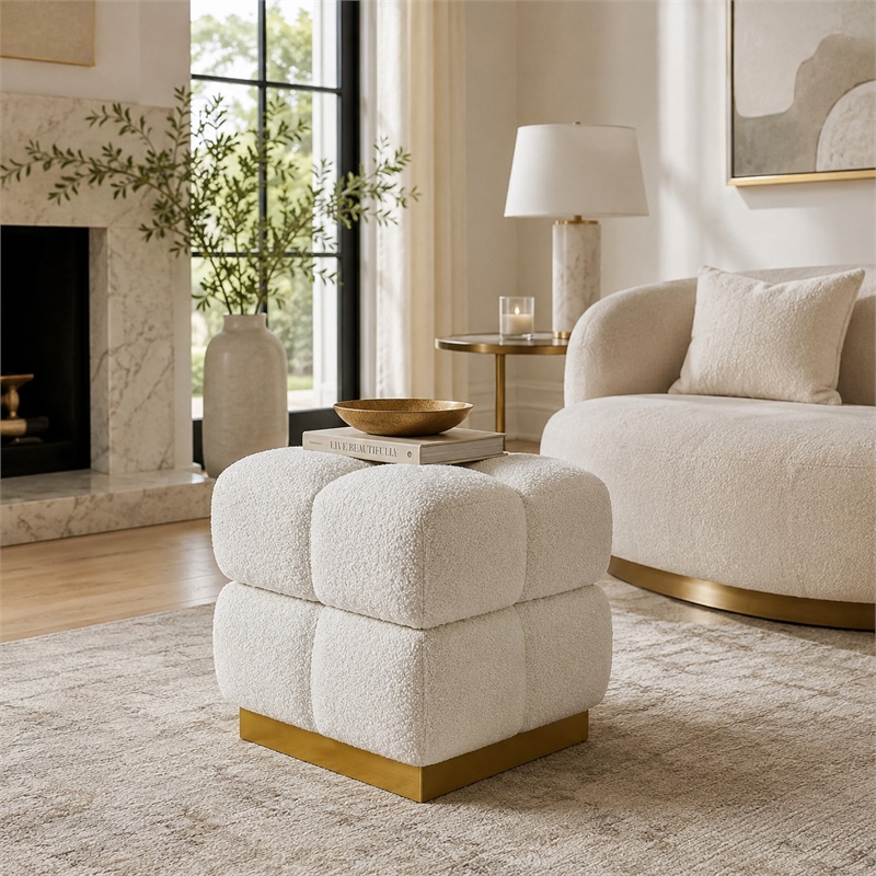Anne Ottoman Stool with Storage- Gold Base- Beige Biscuit Tufted Fabric