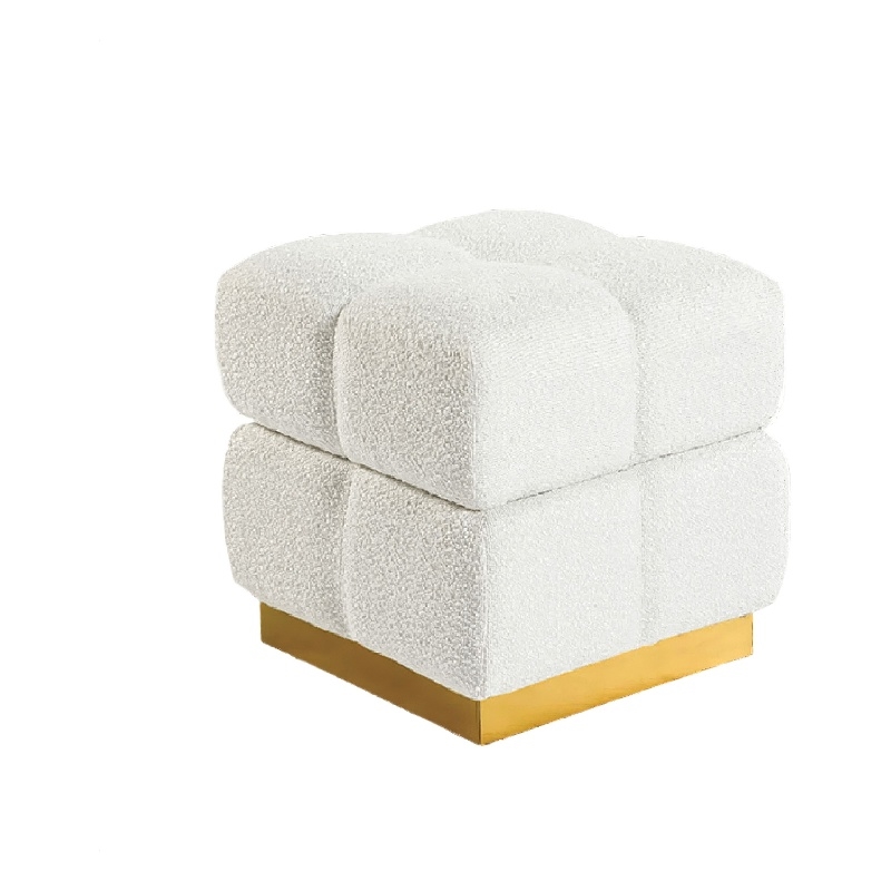 Anne Ottoman Stool with Storage- Gold Base- Beige Biscuit Tufted Fabric