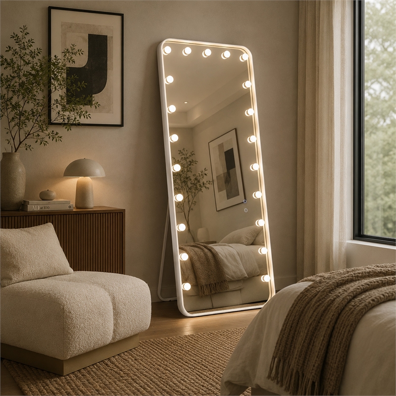 Samie LED Floor Mirror with Bluetooth- Touch Control- White Metal 32x71