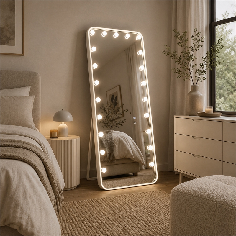 Samie LED Floor Mirror with Bluetooth- Touch Control- White Metal 32x71