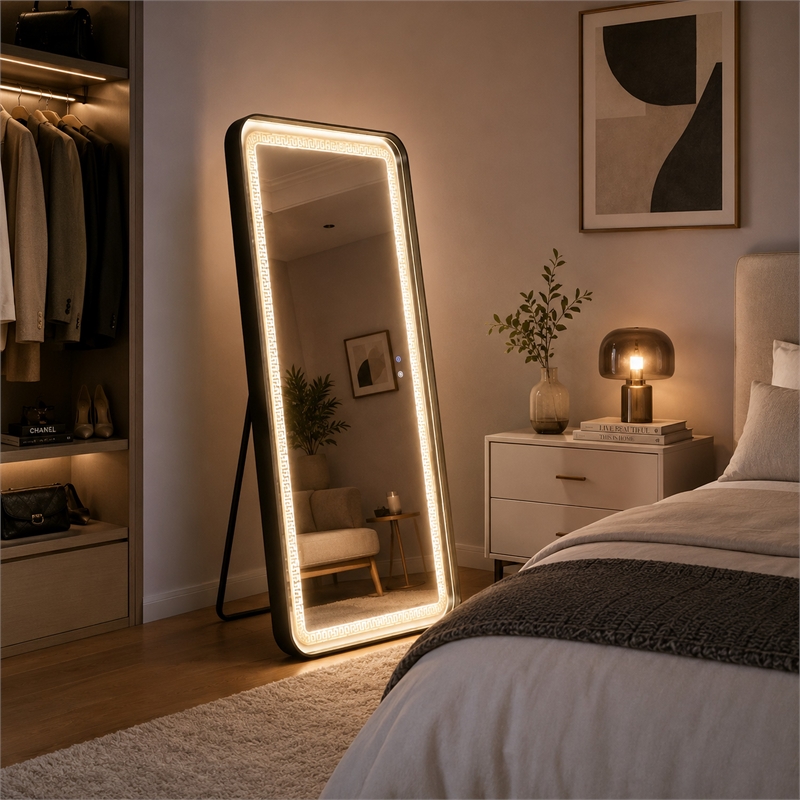 Madie Floor Mirror with LED Lights- Bluetooth Speaker- Black Metal 32x71