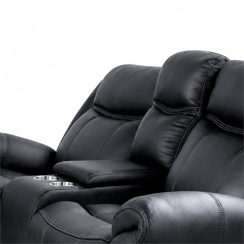 Manual Reclining Loveseat- Console Cupholders- Black Faux Leather 79 Inch