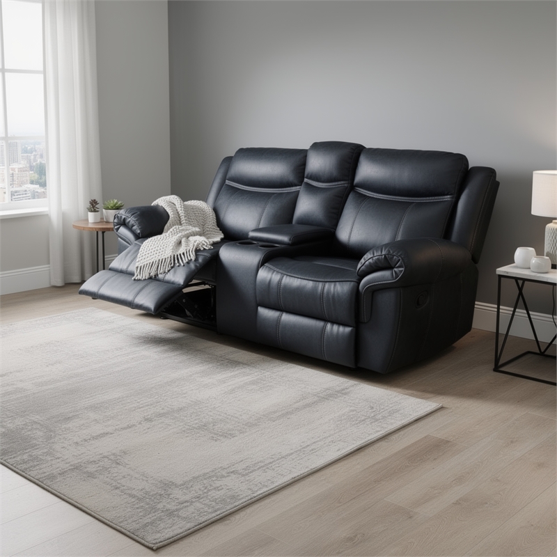 Manual Reclining Loveseat- Console Cupholders- Black Faux Leather 79 Inch
