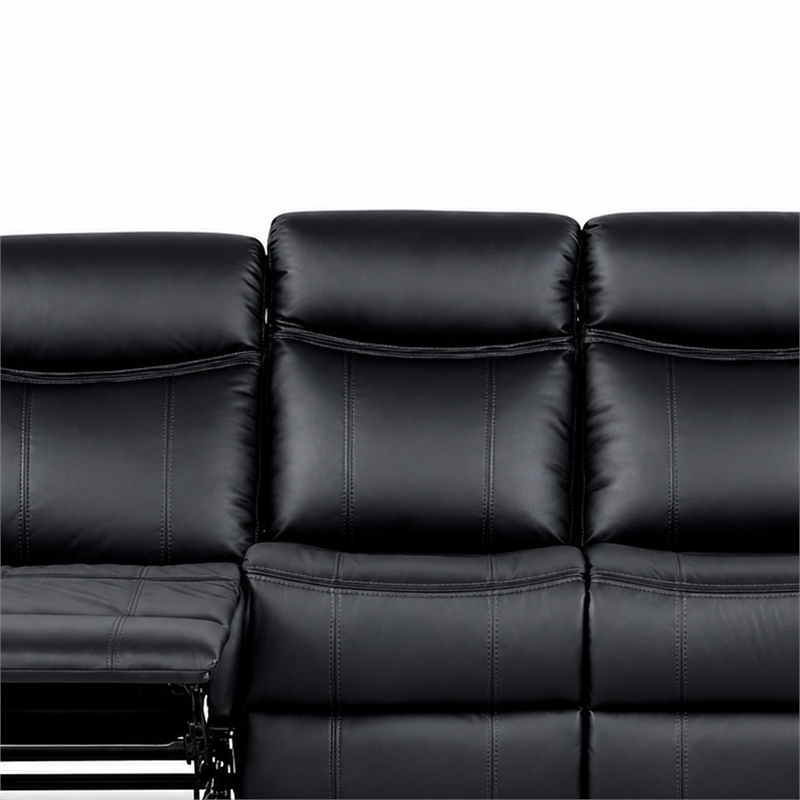 Arisa Manual Reclining Sofa- Drop-Down Table- Black Faux Leather 87 Inch