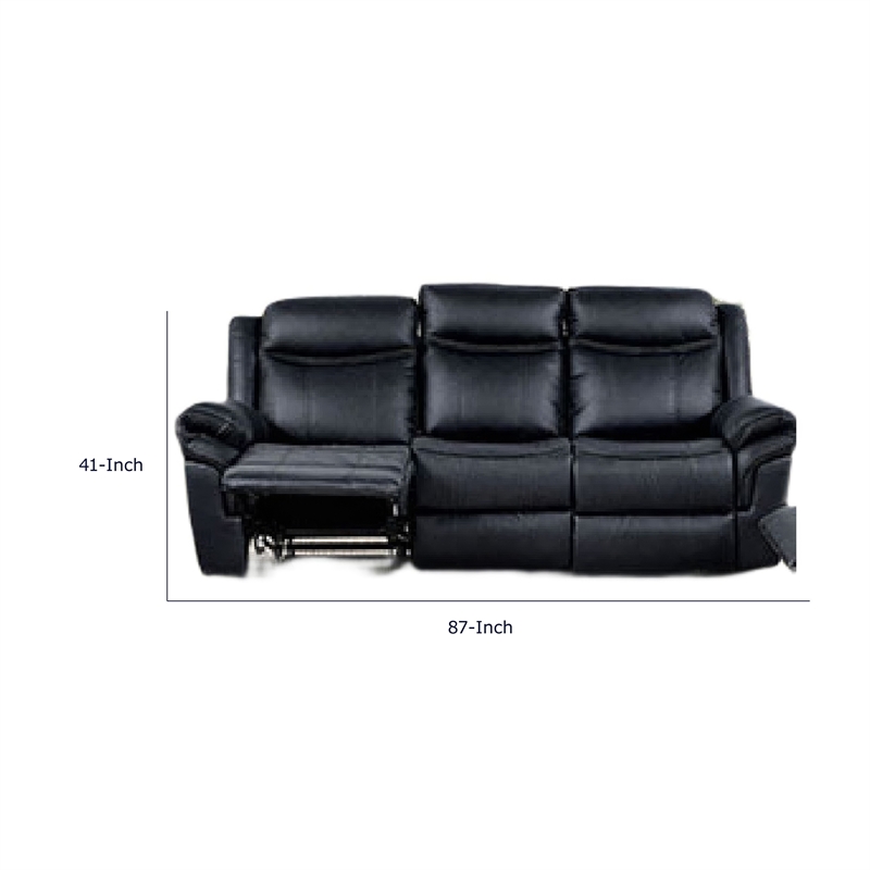 Arisa Manual Reclining Sofa- Drop-Down Table- Black Faux Leather 87 Inch