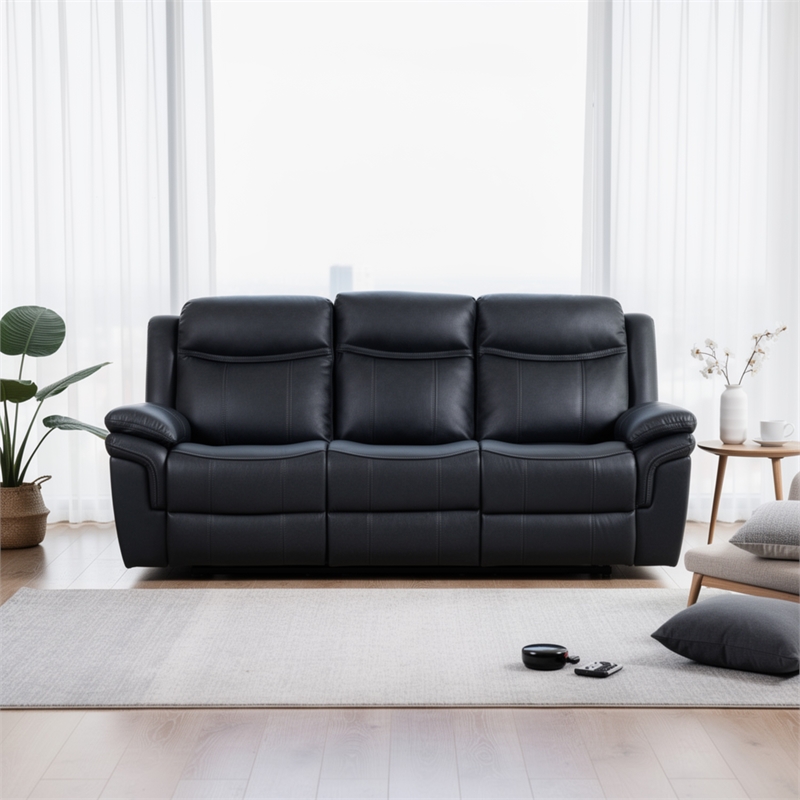 Arisa Manual Reclining Sofa- Drop-Down Table- Black Faux Leather 87 Inch