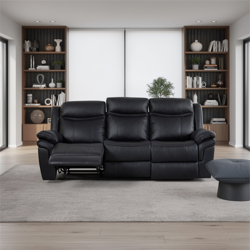 Arisa Manual Reclining Sofa- Drop-Down Table- Black Faux Leather 87 Inch