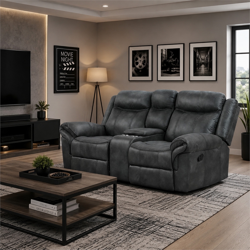 Arisa Manual Reclining Loveseat w Console- Dark Gray Faux Leather 79 Inch