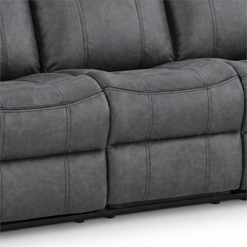 Arisa Manual Reclining Sofa- Drop-Down Table- Gray Faux Leather 87 Inch