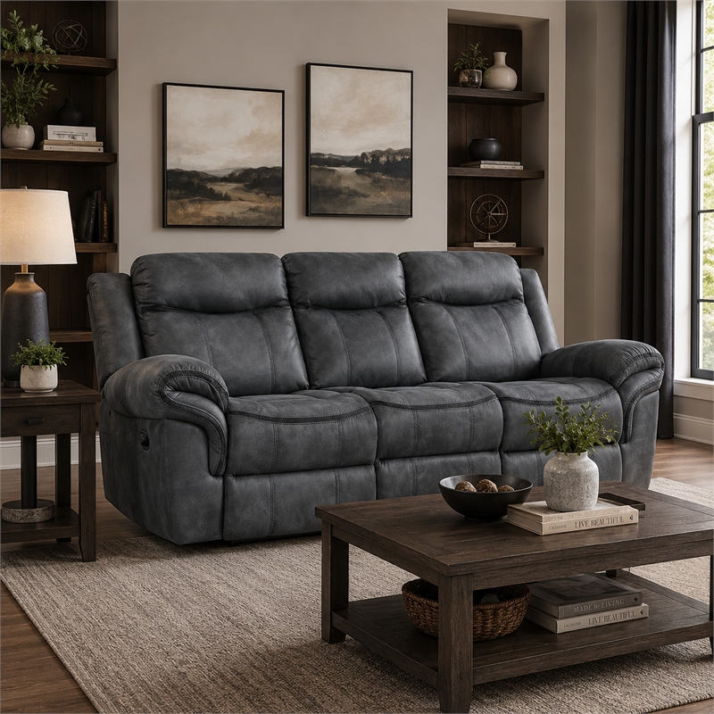 Arisa Manual Reclining Sofa- Drop-Down Table- Gray Faux Leather 87 Inch