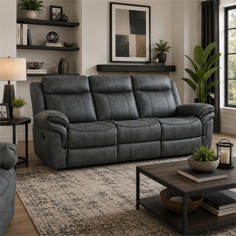 Arisa Manual Reclining Sofa- Drop-Down Table- Gray Faux Leather 87 Inch