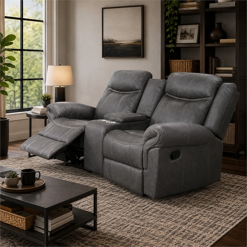 Arisa Manual Reclining Loveseat- Console- Gray Faux Leather 79 Inch