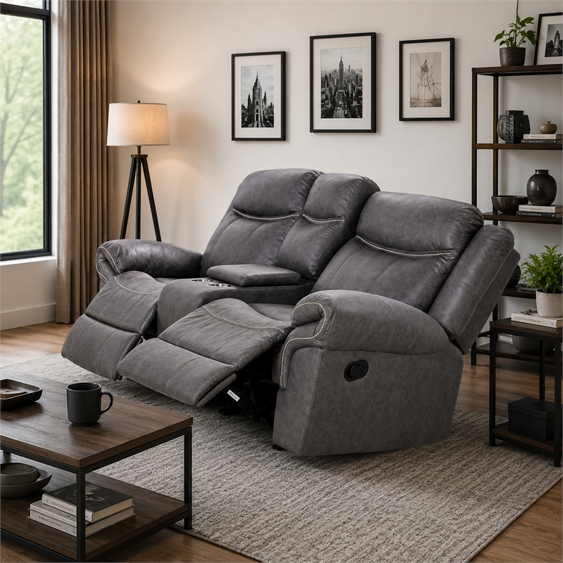 Arisa Manual Reclining Loveseat- Console- Gray Faux Leather 79 Inch
