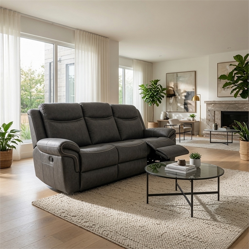 Arisa Manual Reclining Sofa- Drop-Down Table- Gray Faux Leather 87 Inch