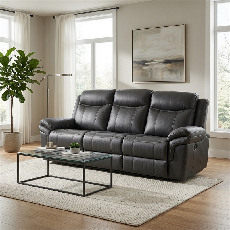 Arisa Manual Reclining Sofa- Drop-Down Table- Gray Faux Leather 87 Inch