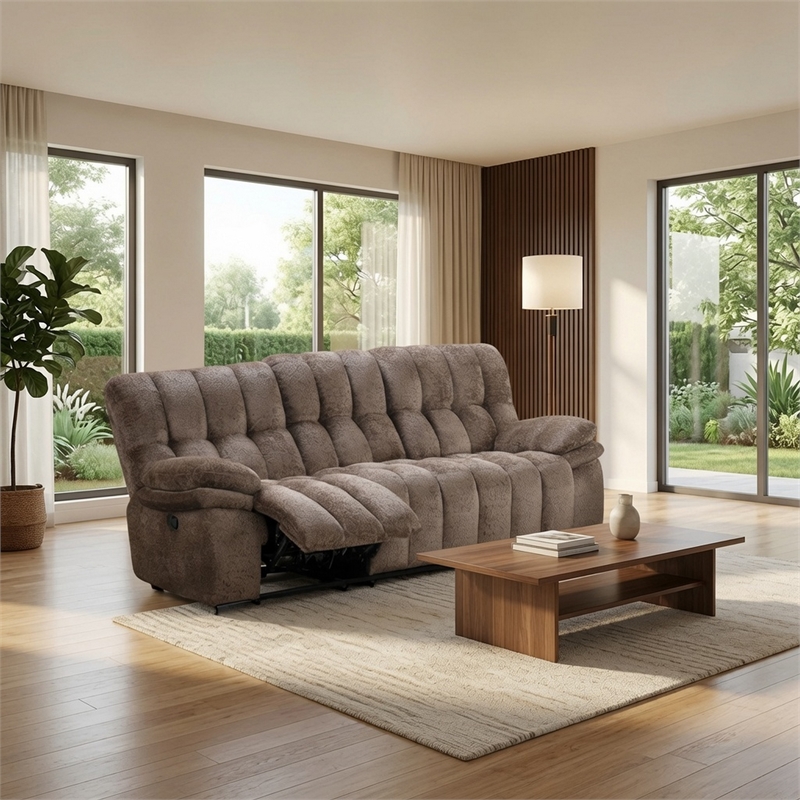 Heya Manual Recliner Sofa- Pillow Tufted Dark Brown Polyester- 92 Inch