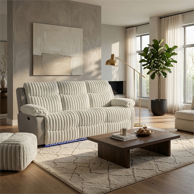 Jeya Manual Recliner Sofa- Wide Wale Light Gray Faux Fur- 83 Inch