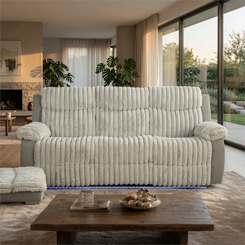 Jeya Manual Recliner Sofa- Wide Wale Light Gray Faux Fur- 83 Inch