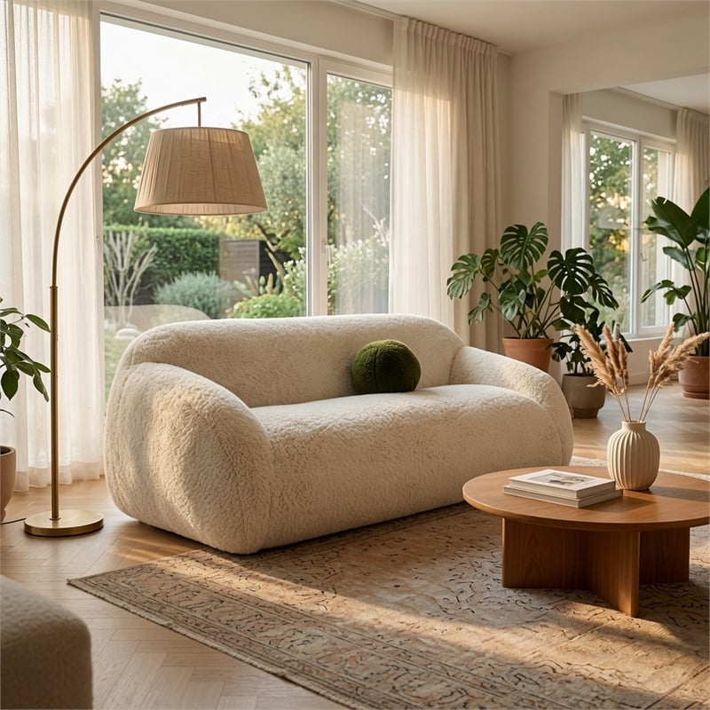 Dera Modern Sofa- Olive Green Pillow- Sand Beige Faux Fur- 84 Inch