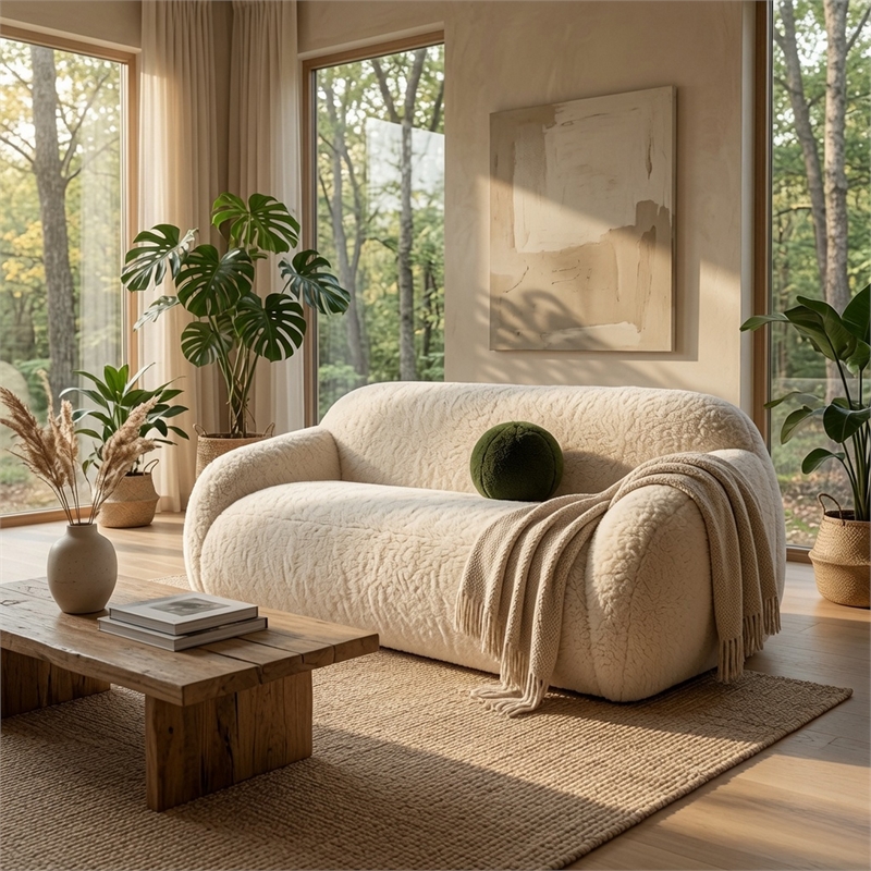 Dera Modern Sofa- Olive Green Pillow- Sand Beige Faux Fur- 84 Inch