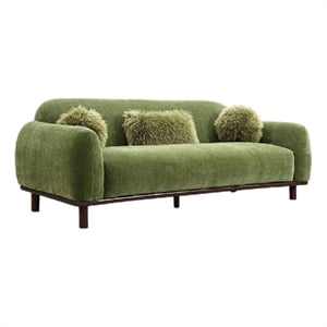 Dea Bench Sofa- 3 Faux Fur Accent Pillows- Olive Green Chenille- 84 Inch