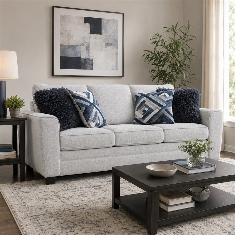 Eny Sofa- 4 Accent Pillows- Light Gray Chenille- Black Legs- 84 Inch