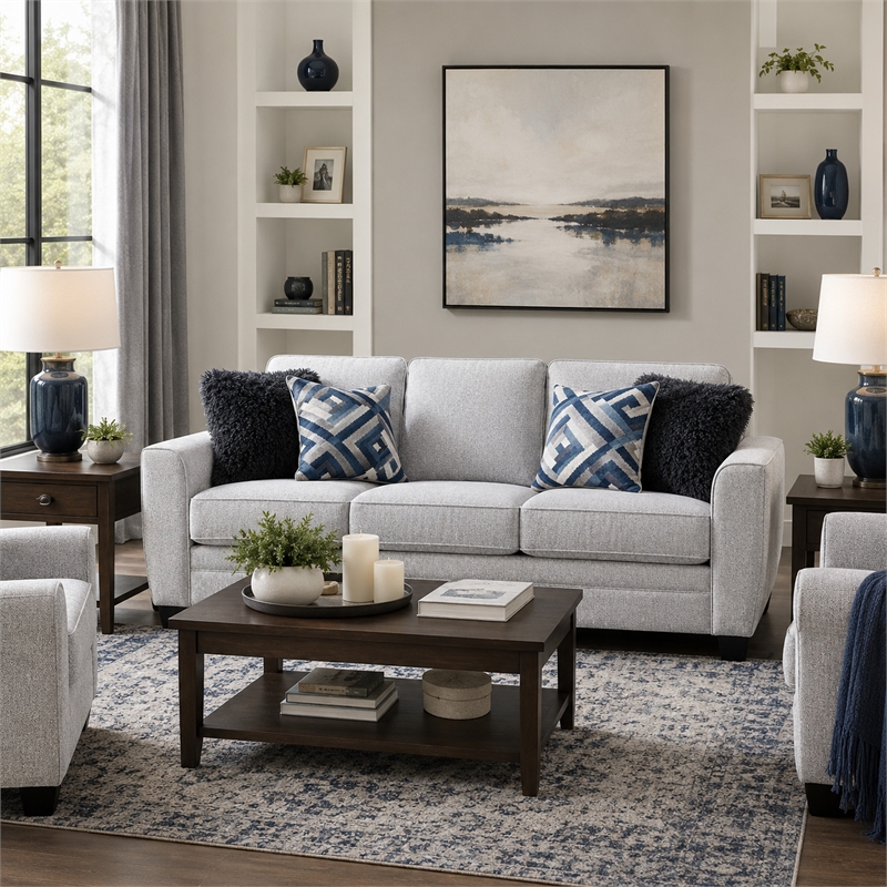 Eny Sofa- 4 Accent Pillows- Light Gray Chenille- Black Legs- 84 Inch
