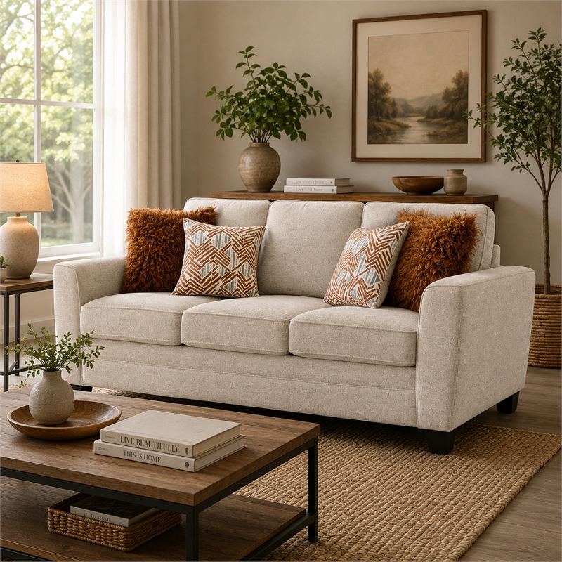 Eny Loveseat with 3 Pillows- Taupe Brown Chenille- Black Legs- 64 Inch