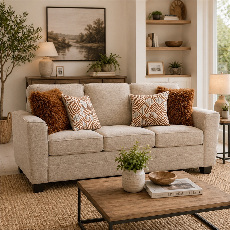 Eny Loveseat with 3 Pillows- Taupe Brown Chenille- Black Legs- 64 Inch